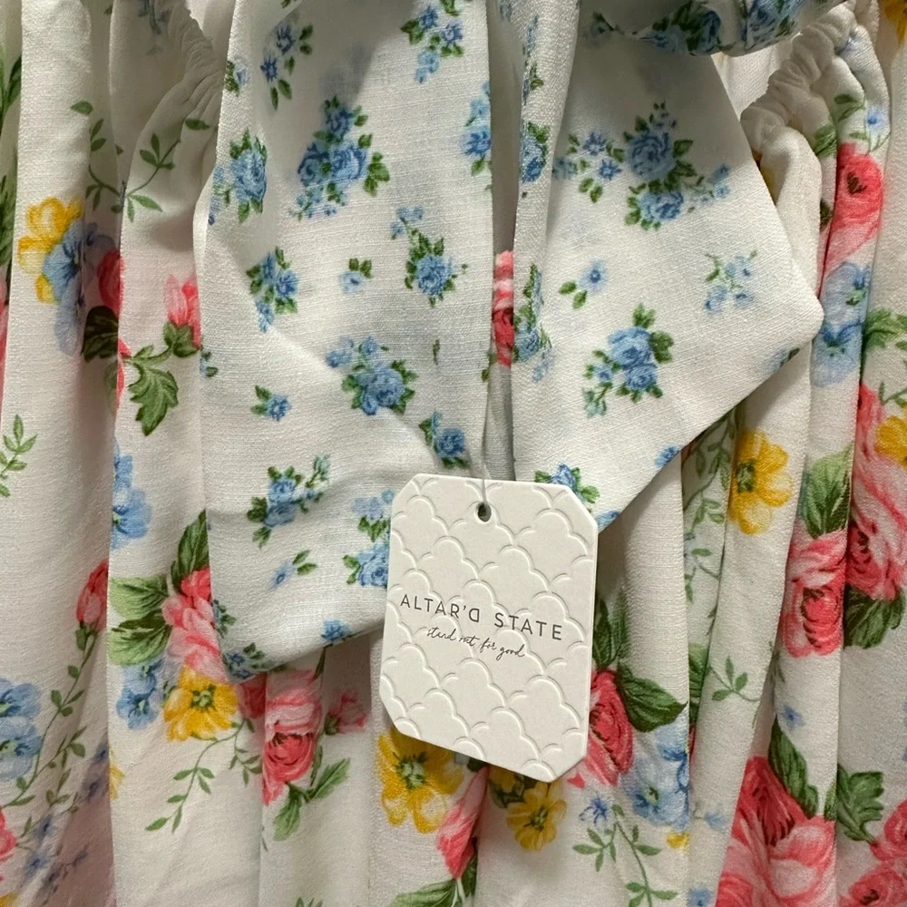 Floral Print White Babydoll Bustier Dress with Pink & Yellow Roses - Picture 7 of 7